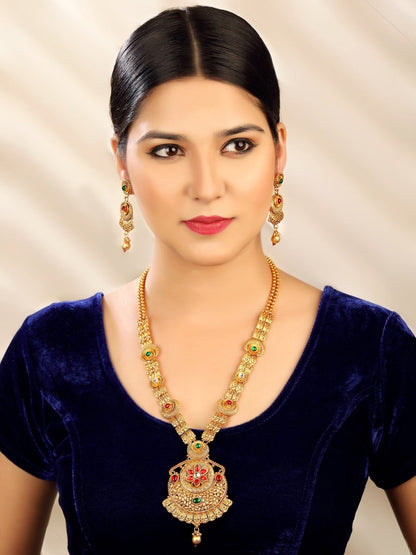 Aadita Gold-Polished & Red e Studded Jewellery Set