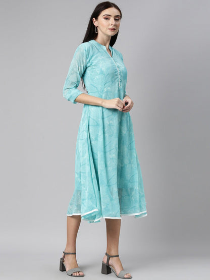 Souchii Blue Floral Chiffon A-Line Midi Dress