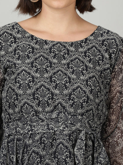 Souchii Women Grey & Black Ethnic Motifs Chiffon A-Line Midi Dress