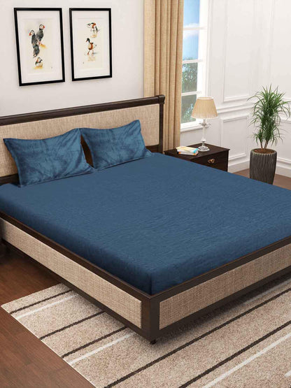 KLOTTHE Turquoise Blue 300 TC Woolen Fitted King Bedsheet With 2 Pillow Covers