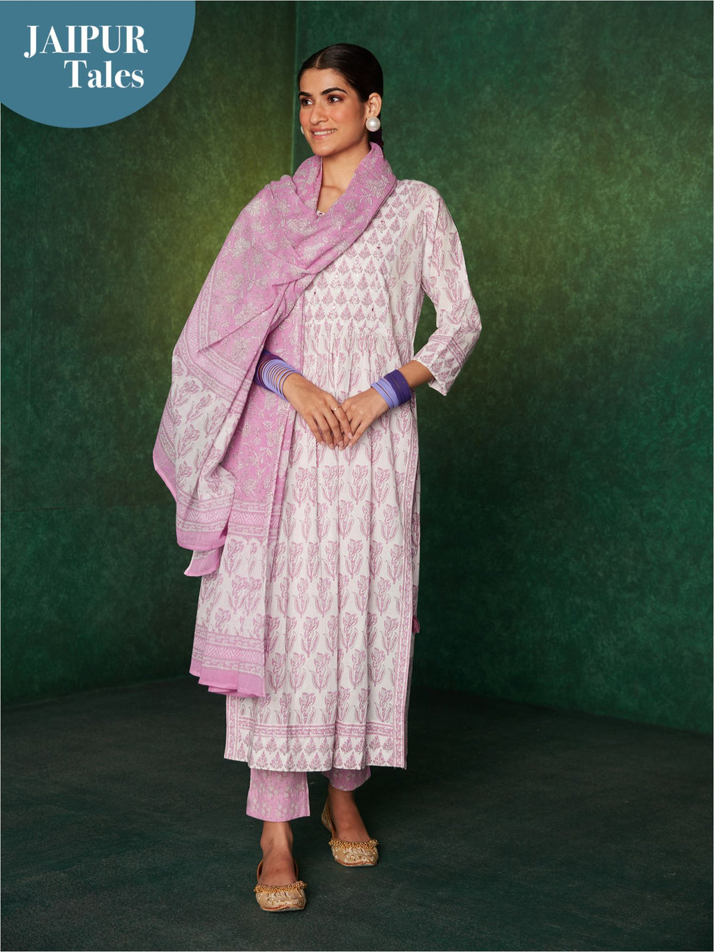 Likha Inayat Yellow Jaipuri Printed Naira Cut Kurta with Pant LIKSKD134 (Set of 3) - S
