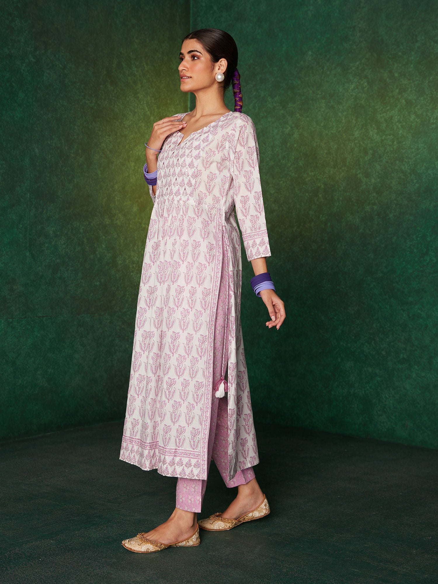 Likha Inayat Yellow Jaipuri Printed Naira Cut Kurta with Pant LIKSKD134 (Set of 3) - S
