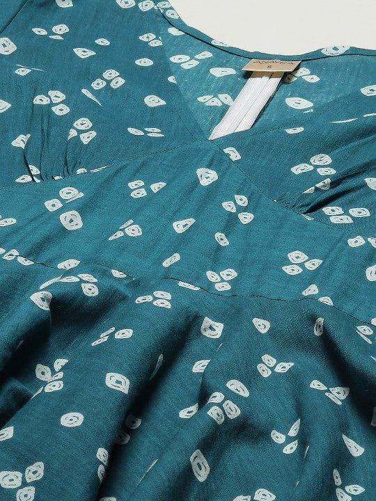 Anayna Teal Green & White Bandhani Printed Pure Cotton A-Line Midi Dress