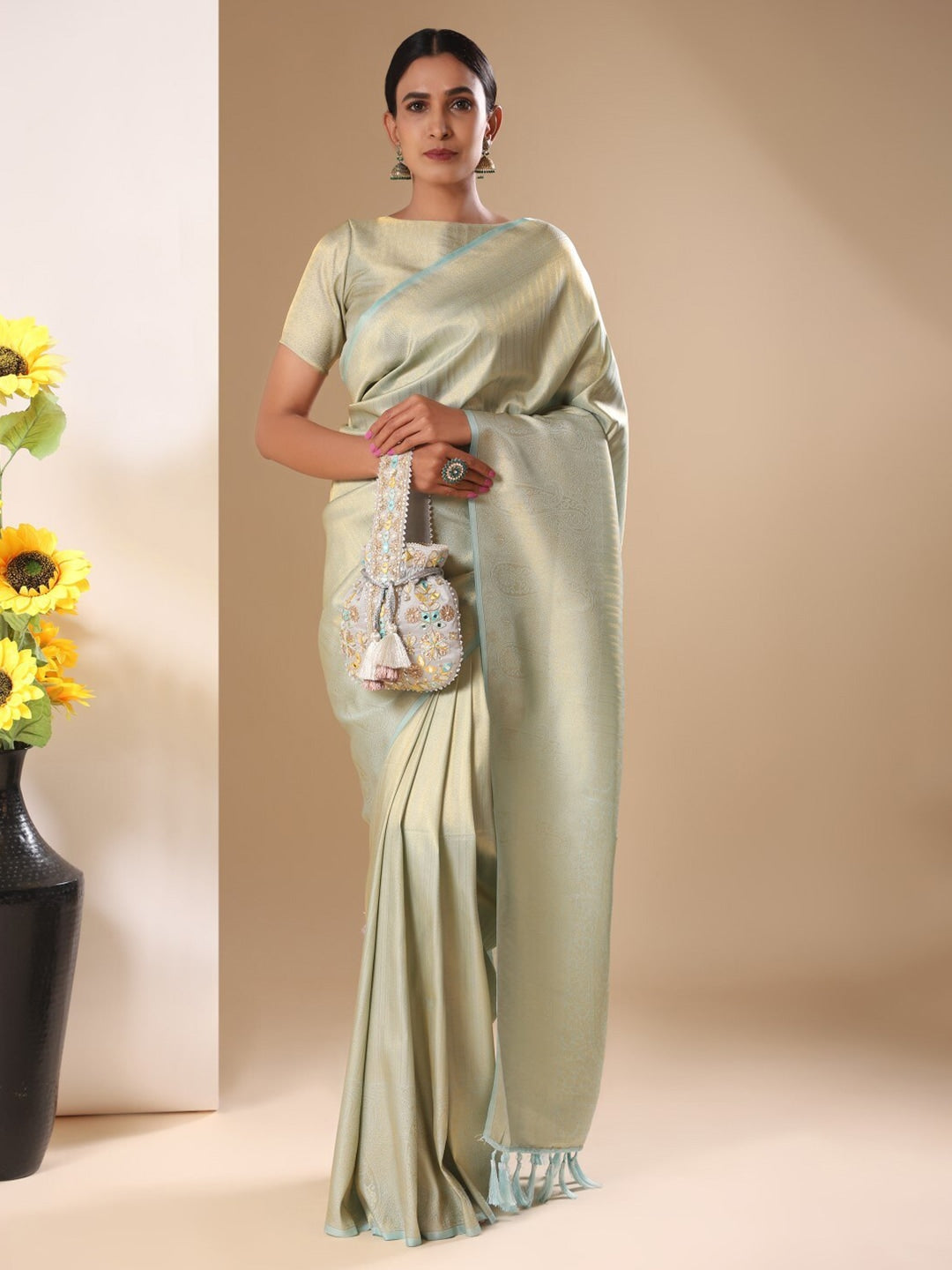 Masq Grey & Gold-Toned Embroidered Potli Clutch