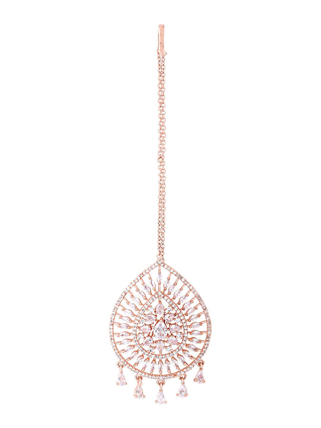 Yellow Chimes Rose Gold-Polished Ad Stone-Studded Maang Tikka