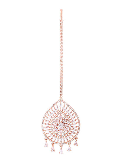 Yellow Chimes Rose Gold-Polished Ad Stone-Studded Maang Tikka