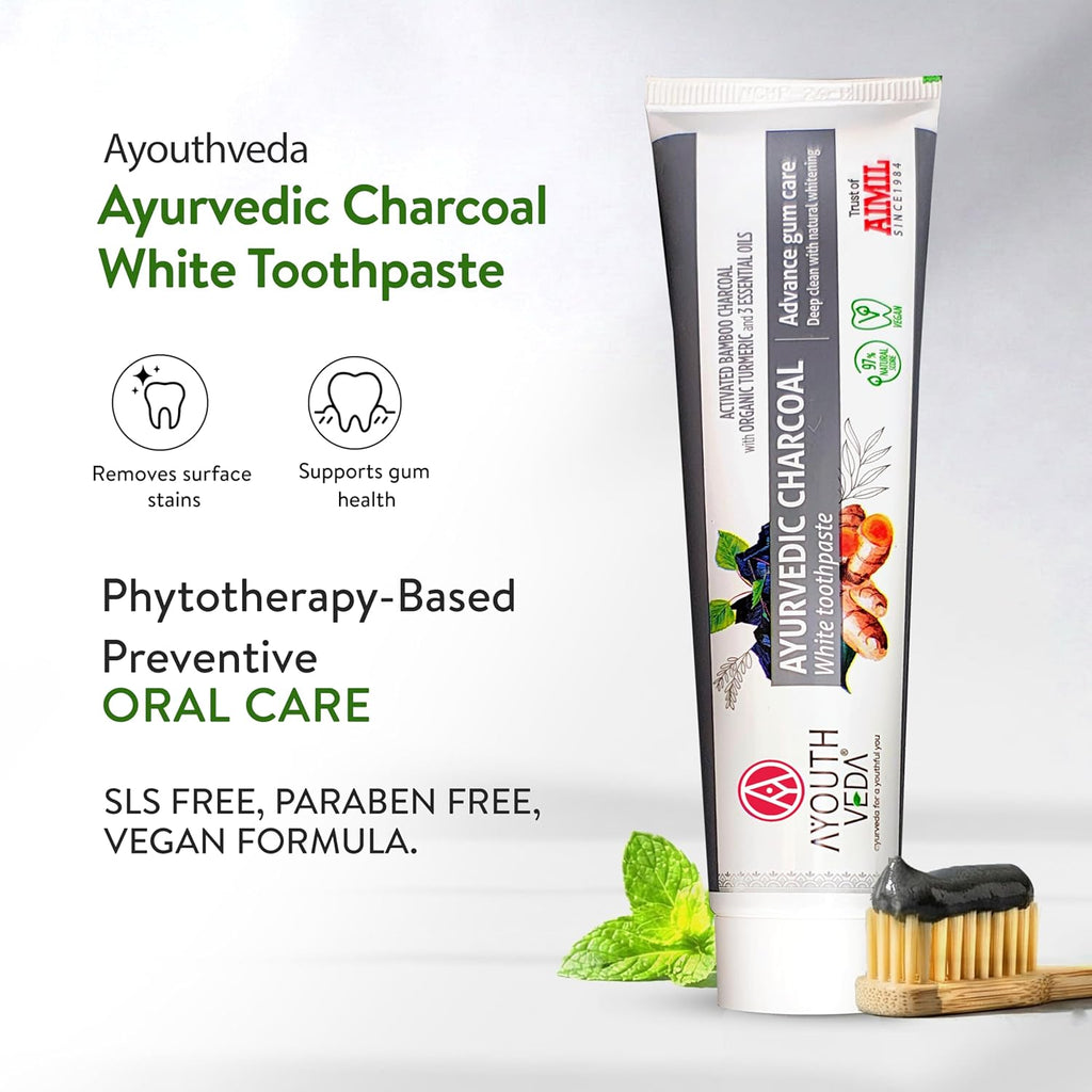 Ayouthveda Ayurvedic Charcoal White Toothpaste | Activated Bamboo Charcoal & Turmeric | Advanced Deep Cleaning | Natural Whitening | Anti-Bacterial Gum Protection & Fresh Breath | 100g (Pack of 1)
