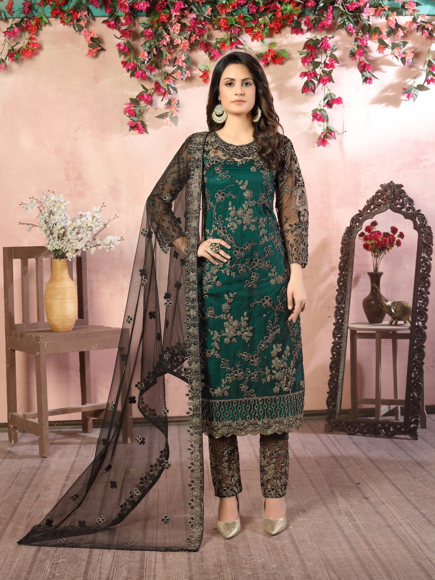 Anaita Green Embroidered Net Salwar Suit