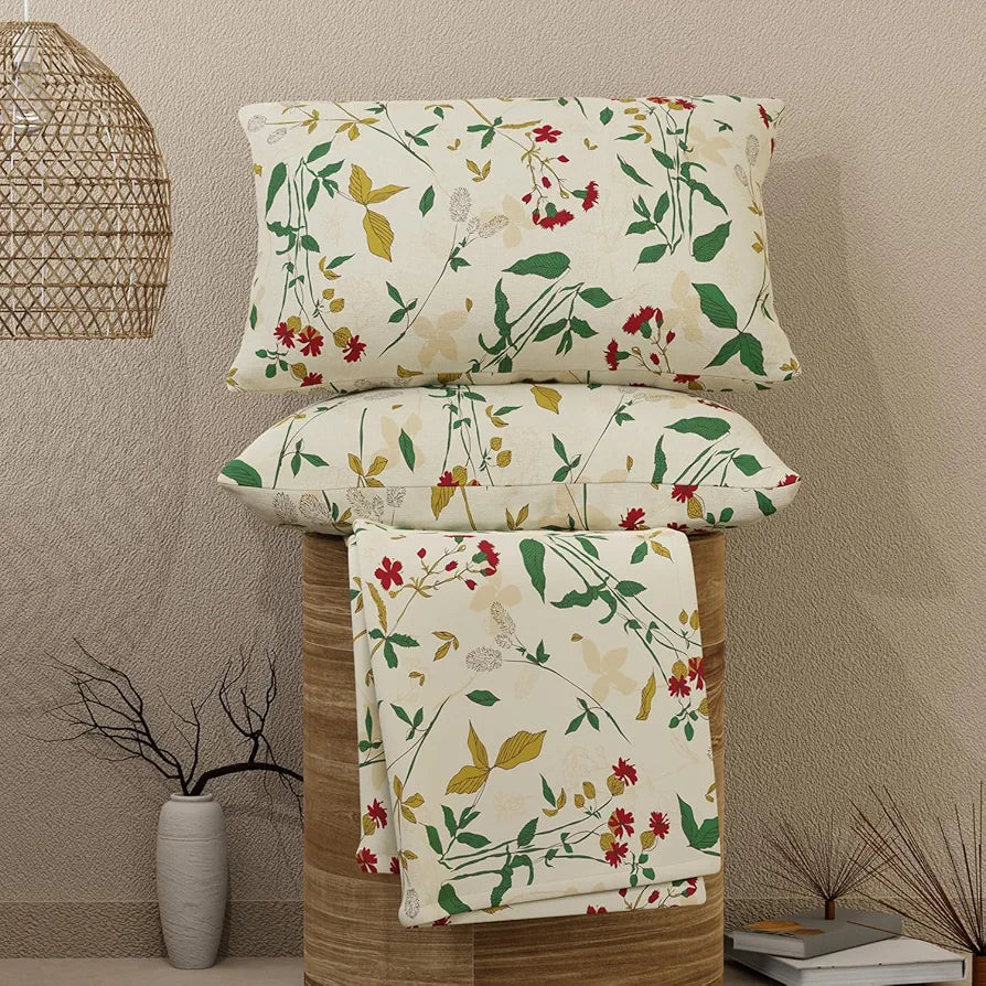Layers Emaline Cotton Double Bedsheet Set 1 Double Cotton Bedsheet & 2 Pillow Covers 144 TC Beige Floret Meadow