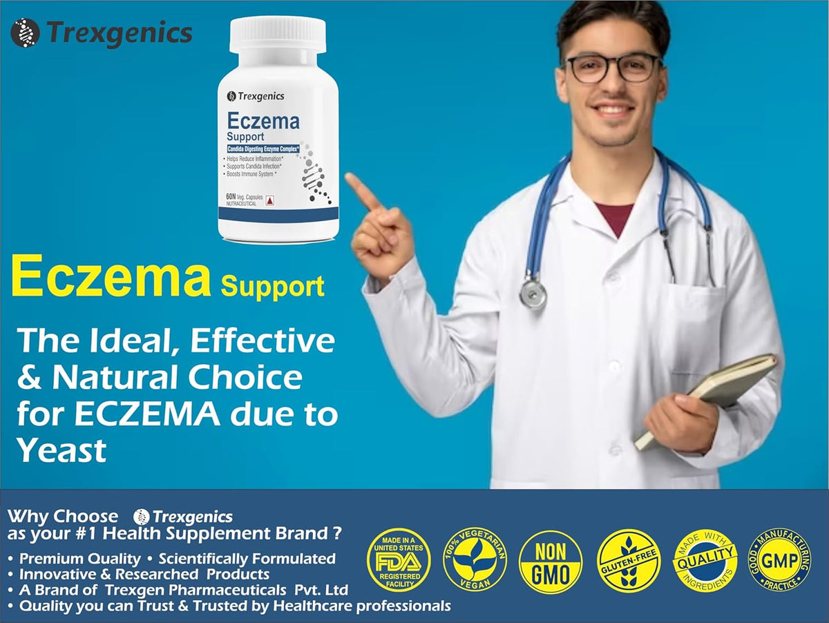 "Trexgenics ECZEMA SUPPORT Candida Digesting Enzyme Complex with Pepsin, Bromelain, Papain, Cellulase, Pancreatin, Ox Bile (45% Cholic Acid), Betaine HCL Calcium sulfate (60 Capsules)" (Pack of 1)