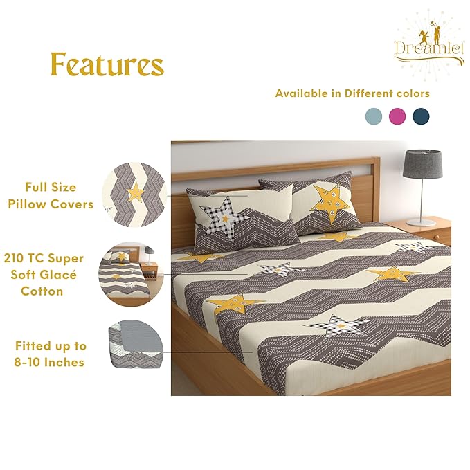 Dreamlet All Around Elastic Supersoft 210tc Premium Cotton Elastic Fitted Bedsheets With 2 King Size Pillow Covers | Grey and Yellow