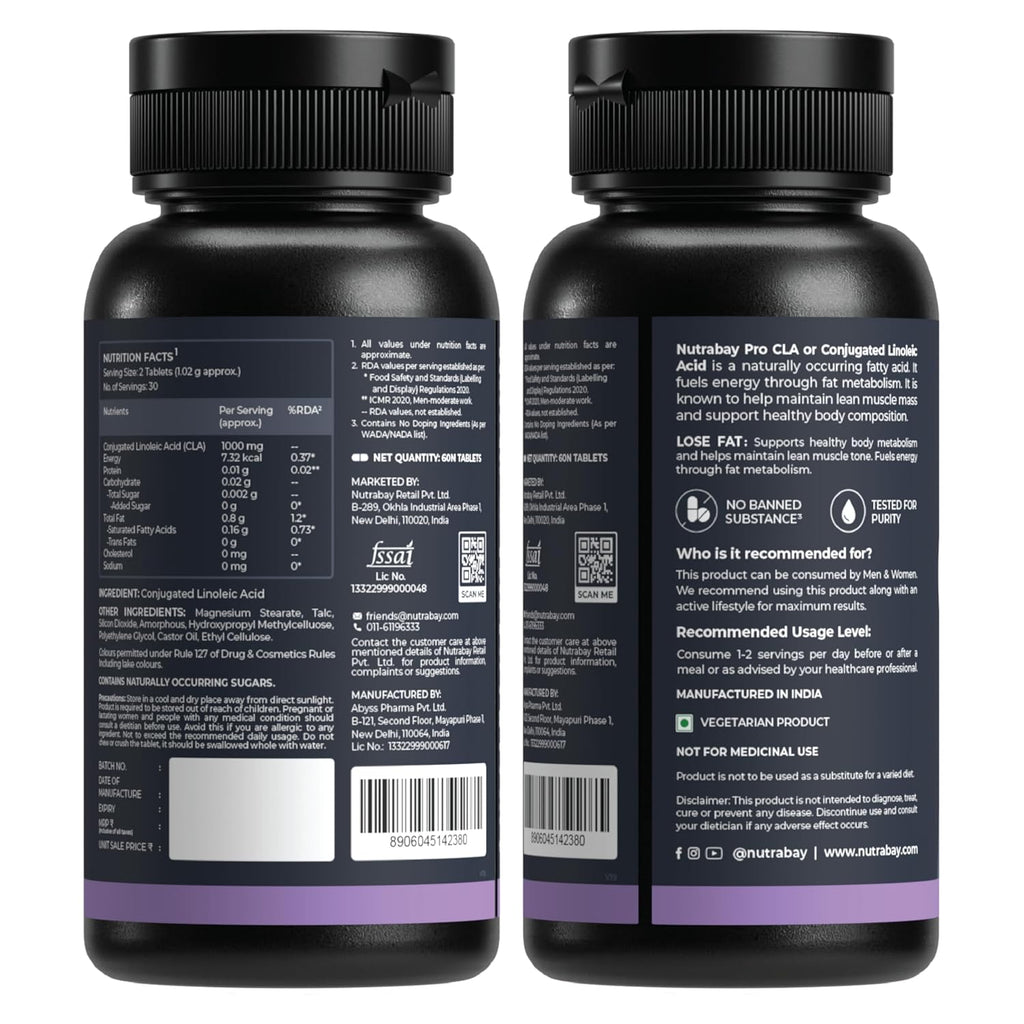 Nutrabay Pro CLA (Conjugated Linoleic Acid) | Fat Burner, Boosts Metabolism & Lean Muscle Build Supplement, 1000mg - 60 Veg Tablets