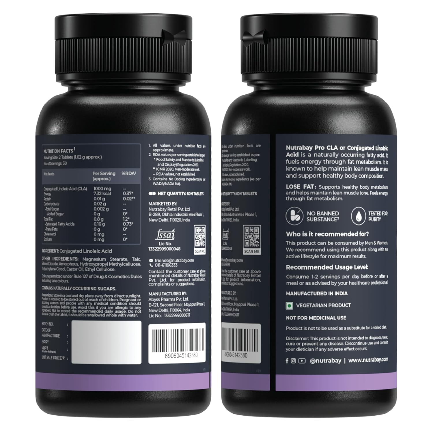 Nutrabay Pro CLA (Conjugated Linoleic Acid) | Fat Burner, Boosts Metabolism & Lean Muscle Build Supplement, 1000mg - 60 Veg Tablets