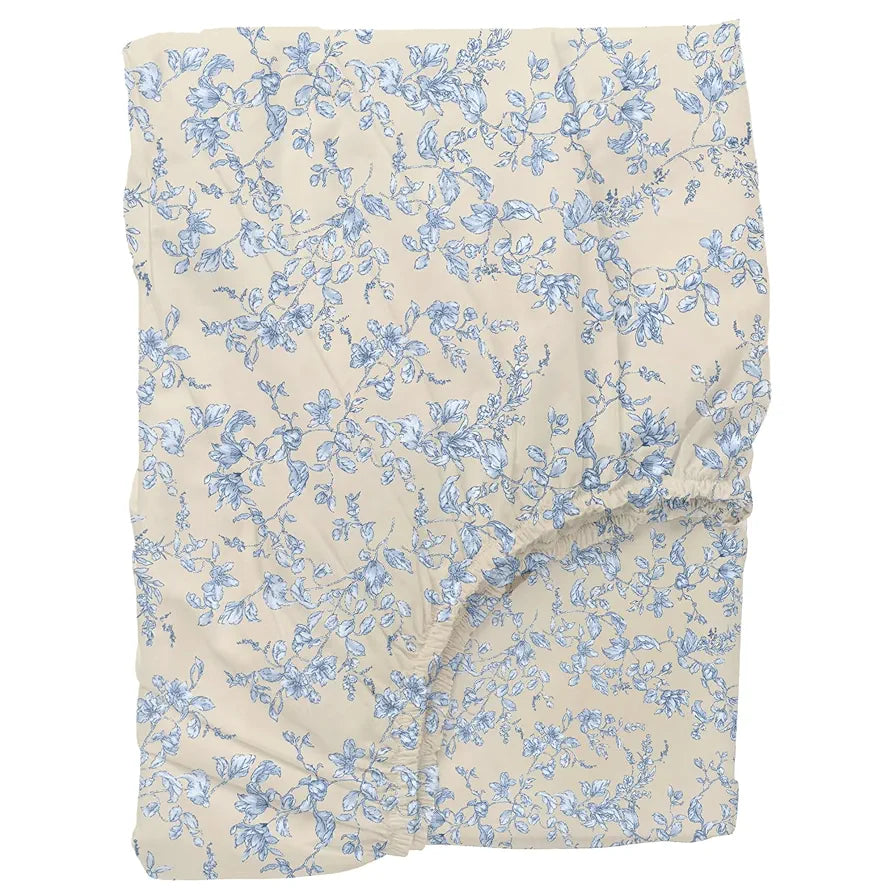 Trance Home Linen 100% Percale Cotton 210 TC Bedsheet Queen Size Printed Fitted Bedspread with 2 Pillow Covers Grape Colour Vine Blue