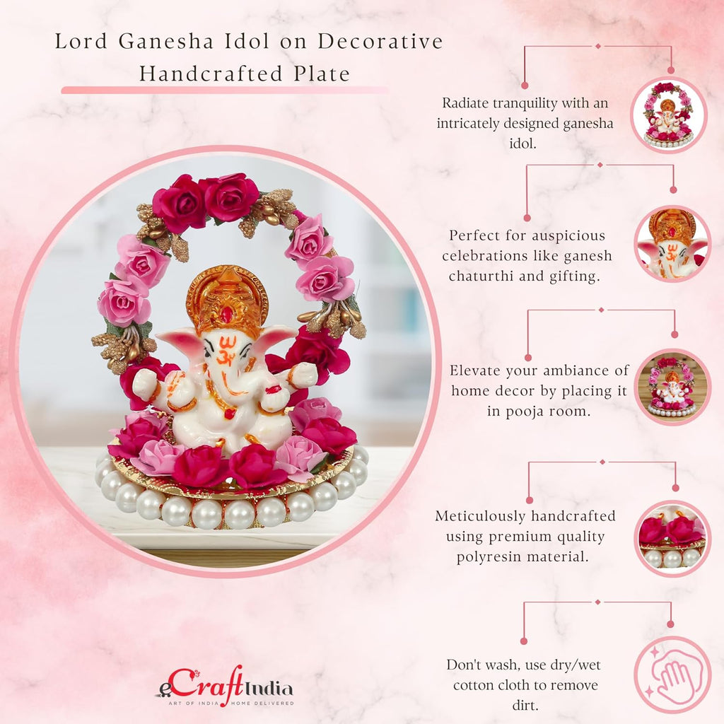 Ecraftindia Lord Ganesha Idol on Decorative Handcrafted Plate With Throne of Pink and Red Flowers