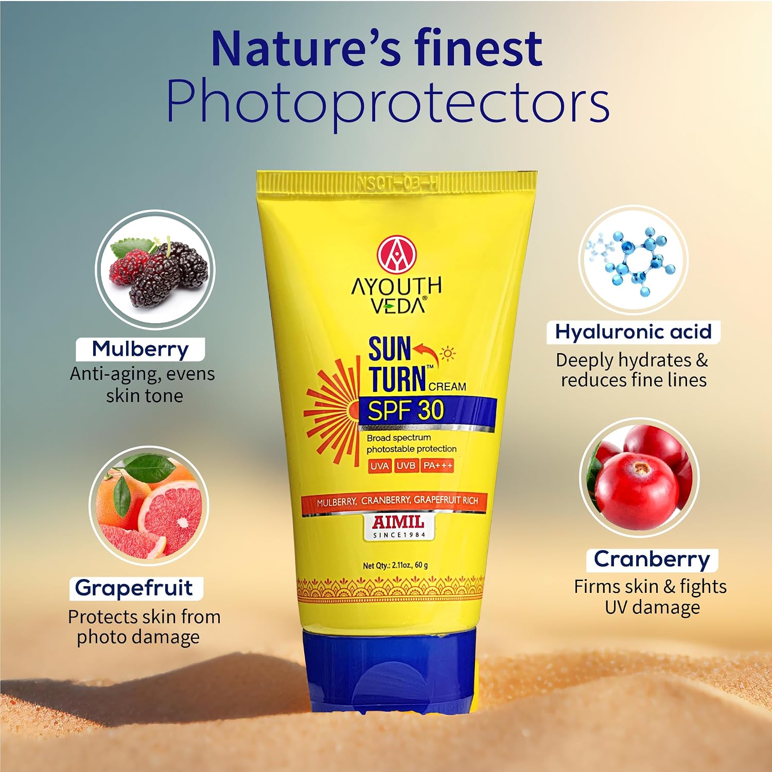 Ayouthveda Sun Turn Cream SPF 30 PA+++ Sunscreen | Hydrating Sun Protection with Hyaluronic Acid, Mulberry, Cranberry & Grapefruit | Broad Spectrum UVA/UVB Defense | Non-Greasy, Water-Resistant Sunscreen for Face & Body | 60g
