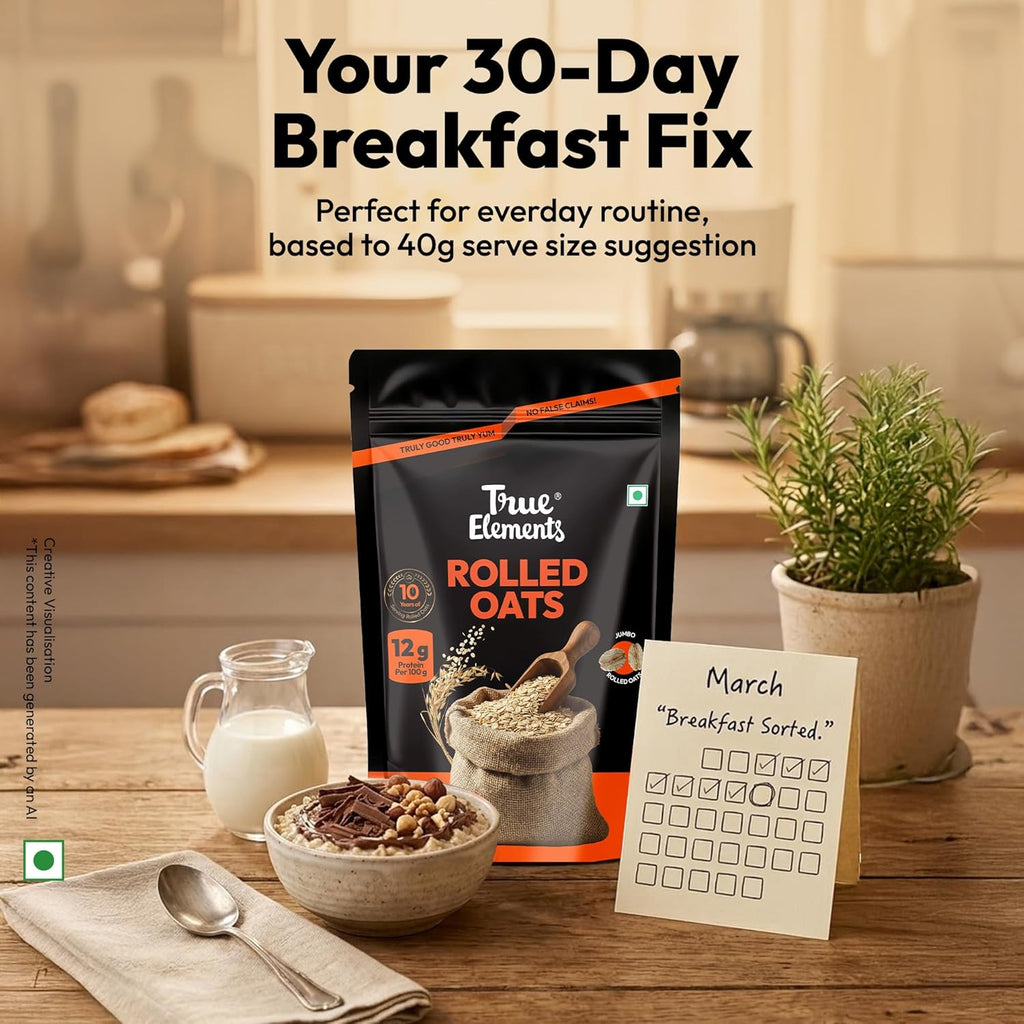 True Elements Rolled Oats 1.2kg - Monthly pack | Wholegrain High Fibre, High protein Oats | Keeps You Fuller Longer | Perfect for overnight oats, smoothies & baking