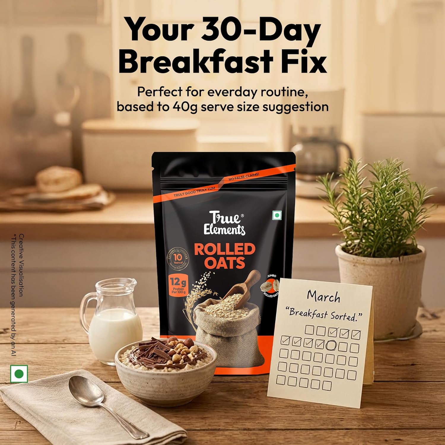 True Elements Rolled Oats 1.2kg - Monthly pack | Wholegrain High Fibre, High protein Oats | Keeps You Fuller Longer | Perfect for overnight oats, smoothies & baking