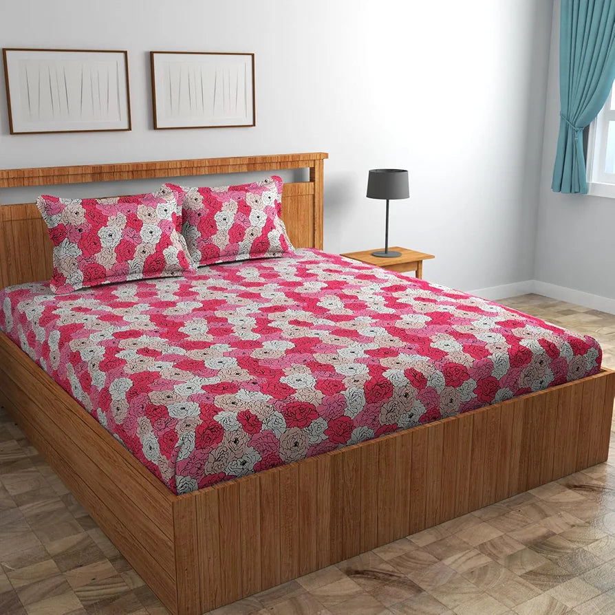 Homefab India 160 TC Glace Cotton Double BedSheet with 2 Pillow Covers Pink Floral