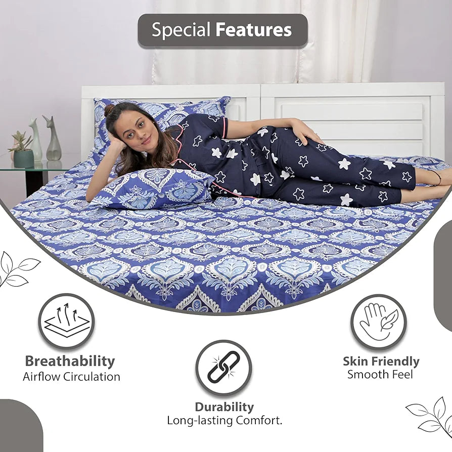 Divine Casa 144 TC Super Soft 100% Cotton Bedsheet for Double Bed  144 Thread Count Floral Colour Dazzling Blue