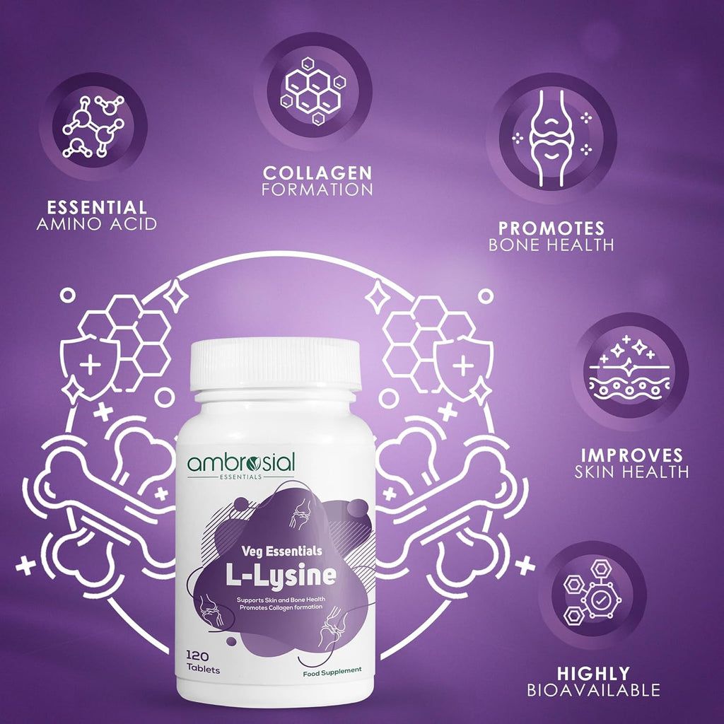 Ambrosial L-lysine | High Strength L-lysine tablets 500mg | Immune Support & Supports Collagen Synthesis | Essential Amino Acids for Active Lifestyle (Pack of 1-120 Tablets)