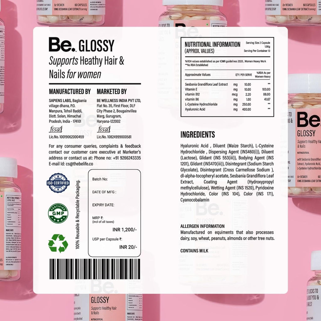 Be. Glossy Hair & Nail Strength Supplement | L-Cysteine, Hyaluronic Acid & Vitamin E for Stronger Hair, Reduced Breakage & Healthy Nails | Travel Pack | 20 Veg Capsules