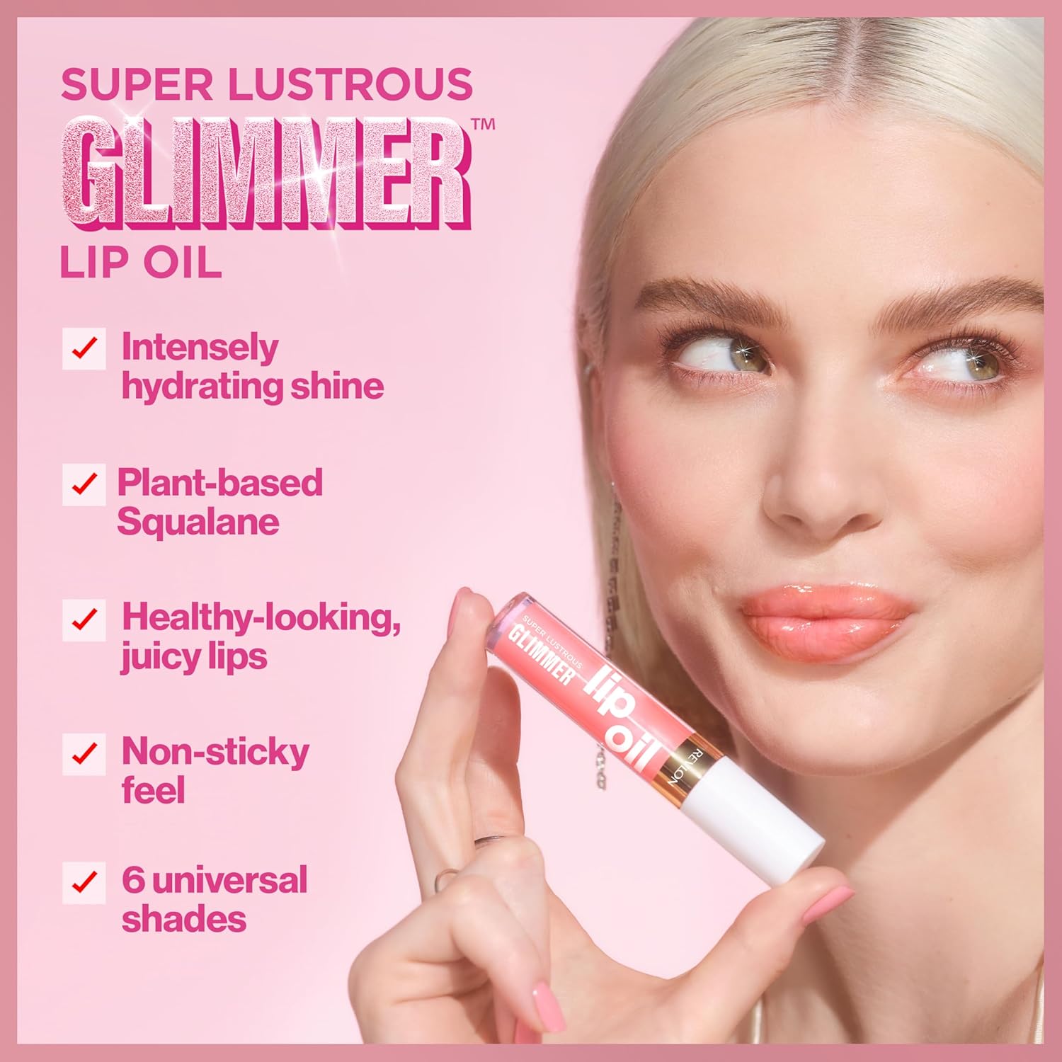 REVLON Super Lustrous Glimmer Lip Oil, Moisturizing & Tinted, Shiny Finish, Made with Plant-Based Squalane, 004 Gone Rose, 0.13 fl oz