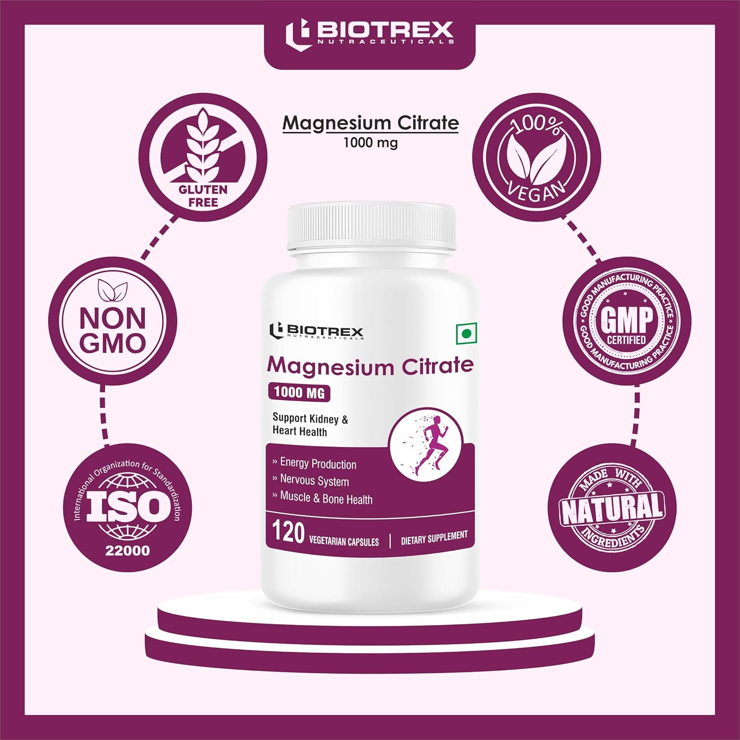 Biotrex Nutraceuticals Magnesium Citrate Supplement, Supports Bone & Sleep Health - 120 Vegetarian Capsules