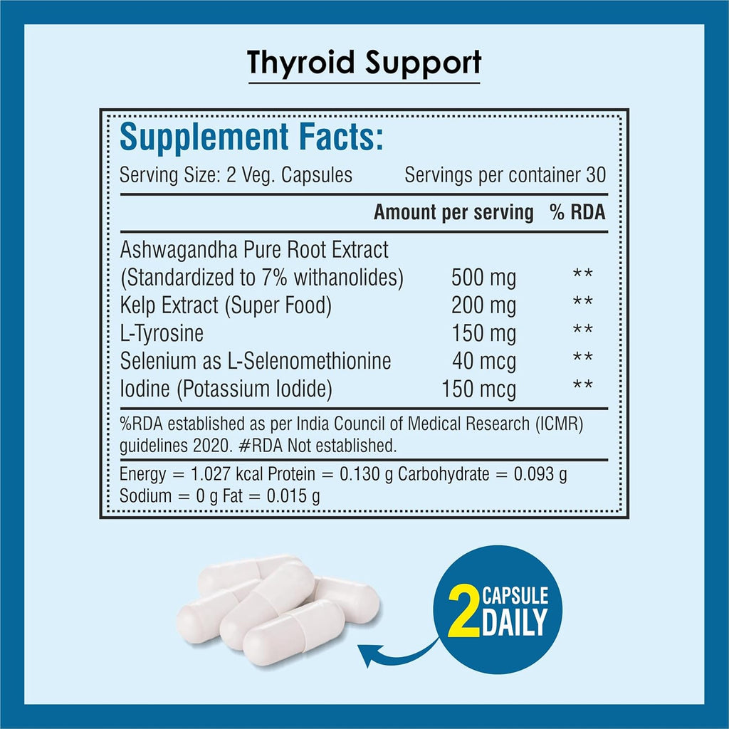 Biotrex Nutraceuticals Thyroid Care Supplement With Ashwagandha, Kelp, Selenium, L-Tyrosine & Iodine | Supports Thyroid Health & Mood Balance | Enhances Energy - 60 Vegetarian Capsules