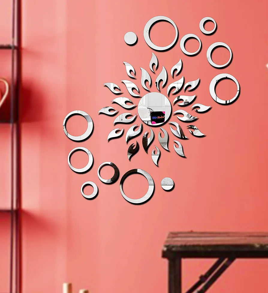 Bikri Kendra Sun with Rings 12-3D Acrylic Mirror Wall Stickers Premium Collection Silver