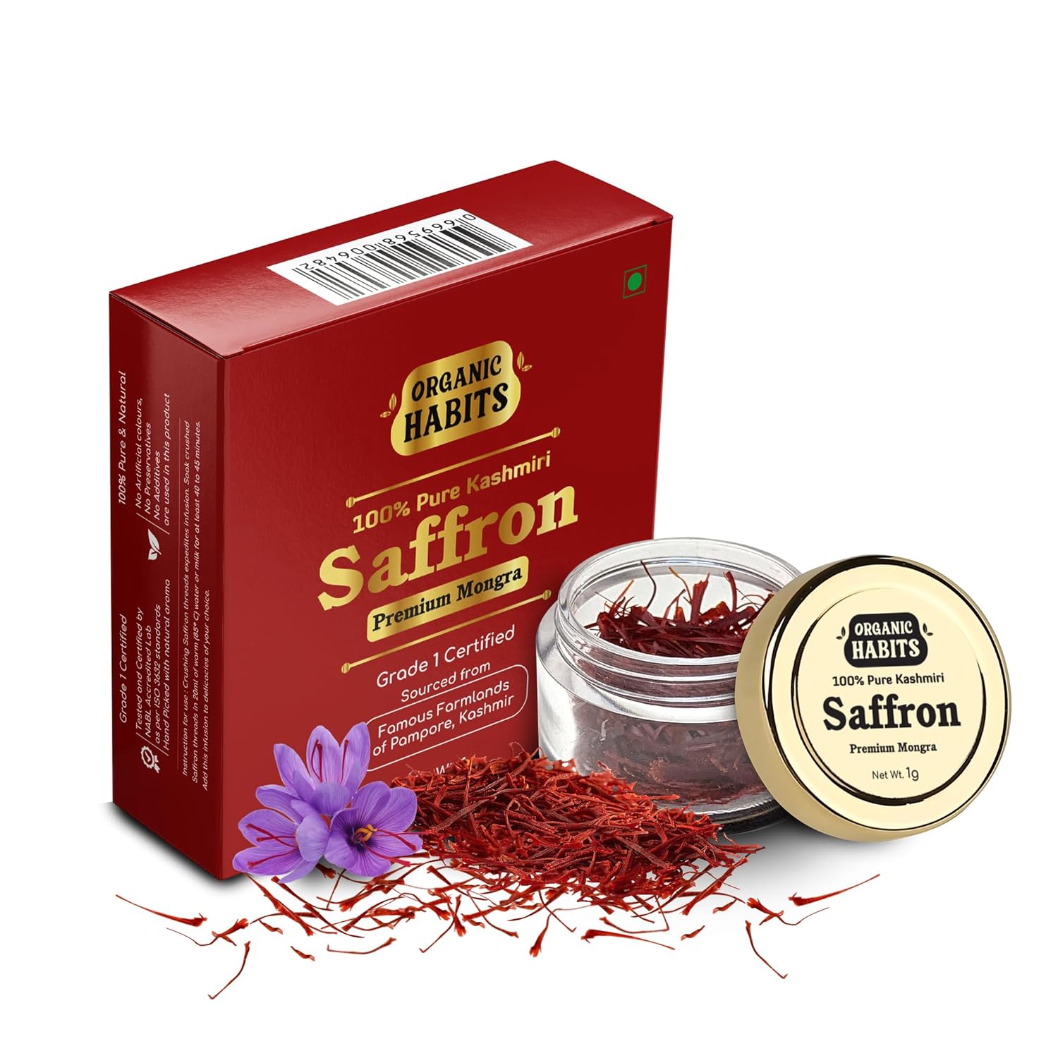 Organic Habits 100% Pure Original Kashmiri Saffron/kesar/kumkuma Puvvu - 1 Gms