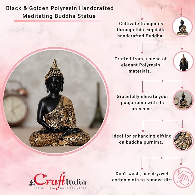 Ecraftindia Black Golden Resin Handcrafted Meditating Lord Buddha Idol for Home Decor