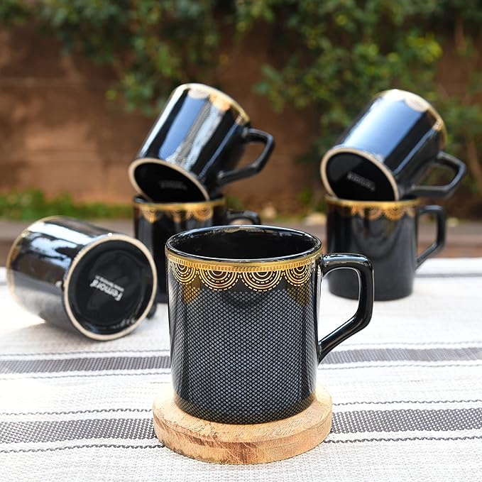 Femora Glitter Dot Pattern with Golden Arch, Ceramic Tea Cups 6 Pcs Set - 900 gms
