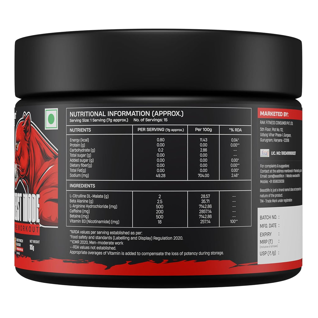 Beastlife Pre-Workout | 105 gm | Fruit Punch Flavor | Boosts Pump & Energy | Speeds Up Recovery | 2000 mg Citrulline | 2500 mg Beta-Alanine | 200 mg Caffeine | 500 mg Betaine