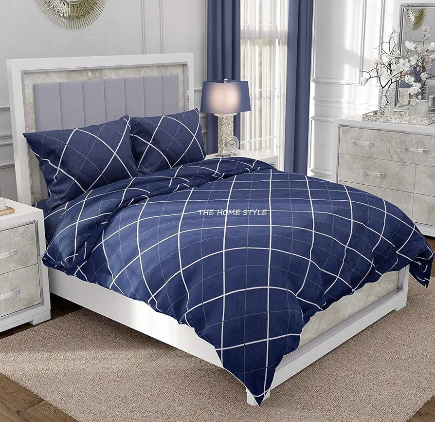 The Home Style Cotton Feel Glace Cotton Elastic Fitted Printed Double Bed King Size Bedsheet With 2 Pillow Cover,300 TC Navy Blue