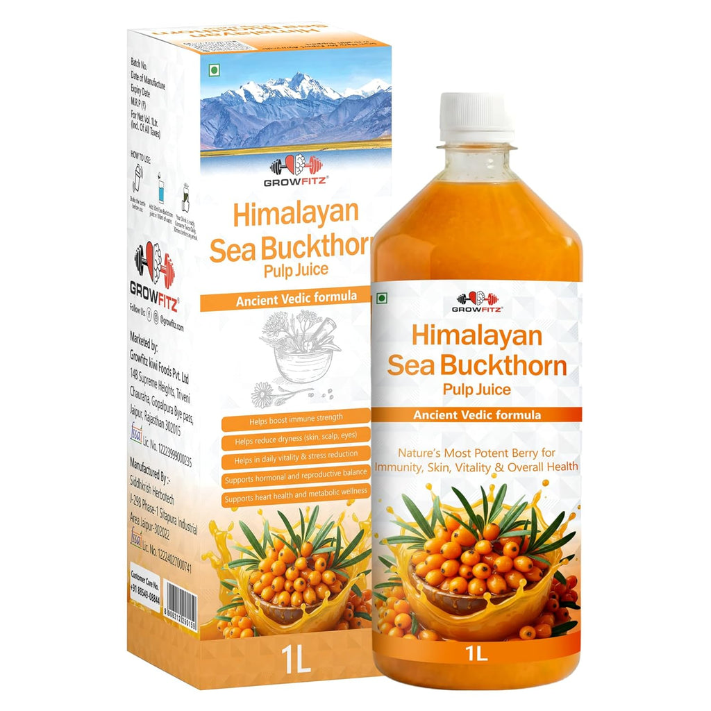 Growfitz Sea Buckthorn Pulp Concentrate 1L + Wild Forest Honey (Pouch) — Rich Natural Vitamin C, Antioxidants & Omega-7 | Cold-Pressed | Supports Immunity, Skin Glow & Gut Health | No Added Sugar