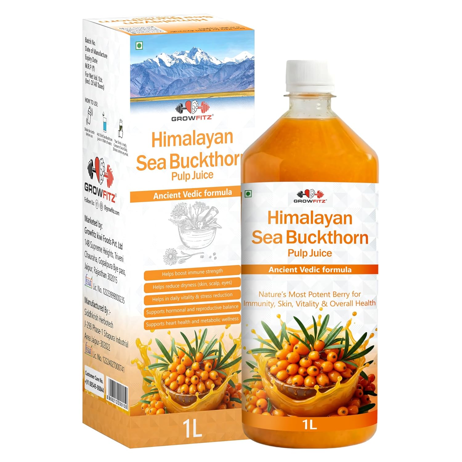 Growfitz Sea Buckthorn Pulp Concentrate 1L + Wild Forest Honey (Pouch) — Rich Natural Vitamin C, Antioxidants & Omega-7 | Cold-Pressed | Supports Immunity, Skin Glow & Gut Health | No Added Sugar