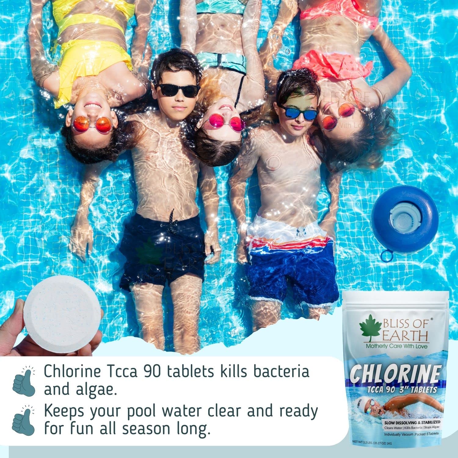 Bliss of Earth Chlorine Tablets for Water Tank - for Clean & Clear Swimming Pool, Kills Bacteria & Stops Algae, Pool Disinfectant 5 Japanese Chlorine Tablets - 1000gm