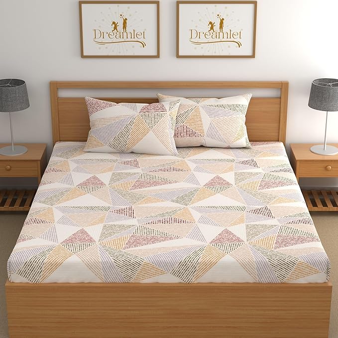 Dreamlet All Around Elastic Supersoft 210tc Premium Cotton Elastic Fitted Bedsheets With 2 King Size Pillow Covers | Beige and Yellow