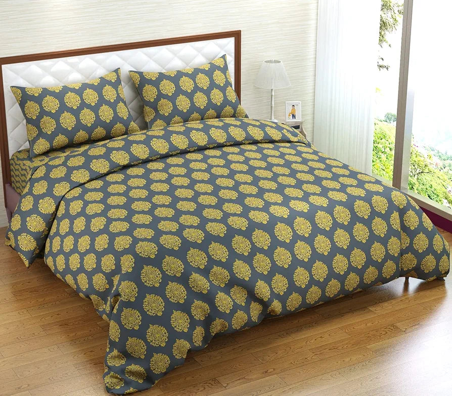 Trance Home Linen 200TC 100% Cotton Printed Zippered Duvet Cover/Blanket Cover/Quilt Cover Queen Size with 2 Pillow Covers Colour Damask Mustard Yellow