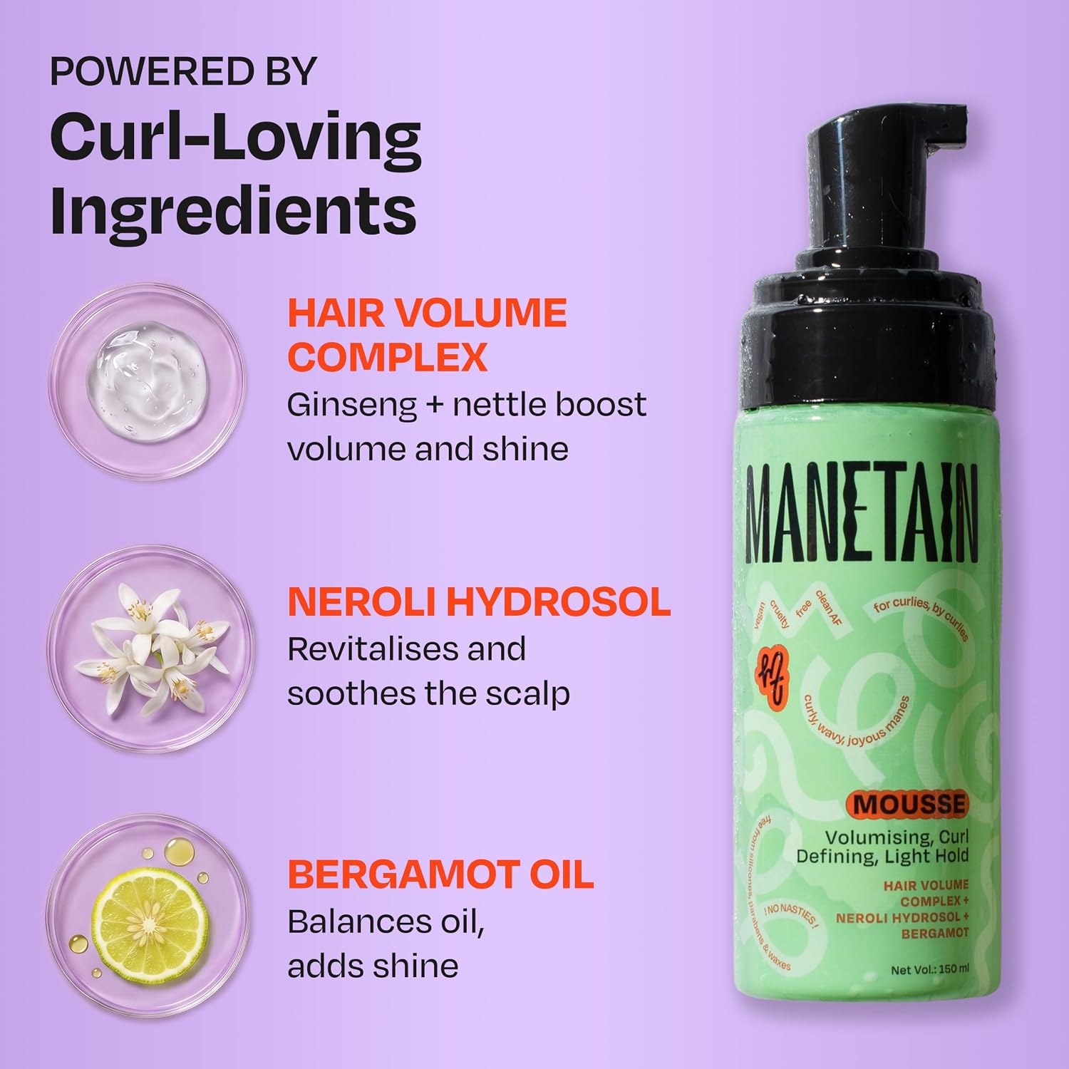 Manetain Hair Mousse 150ml | Volumizing Curl Mousse for Curly Hair | Frizz Control Hair Mousse for Women & Men | Lightweight Hair Styling Mousse for Volume, Definition & Bounce | Vegan & Cruelty Free
