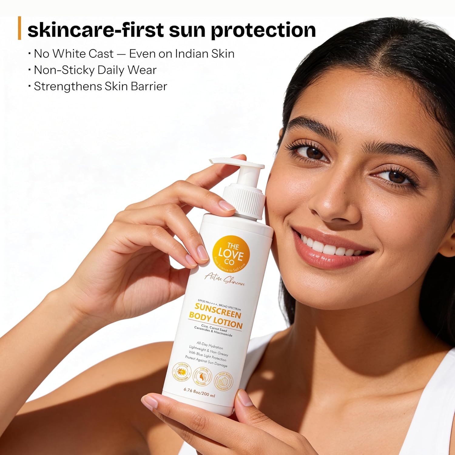 THE LOVE CO Sunscreen Body Lotion SPF 50 PA++++ for Women & Men 200ml | Broad Spectrum UVA UVB Protection | No White Cast, Lightweight & Non-Greasy | Niacinamide, Carrot seed , Cica & Ceramide | Face & Body, All Skin Types