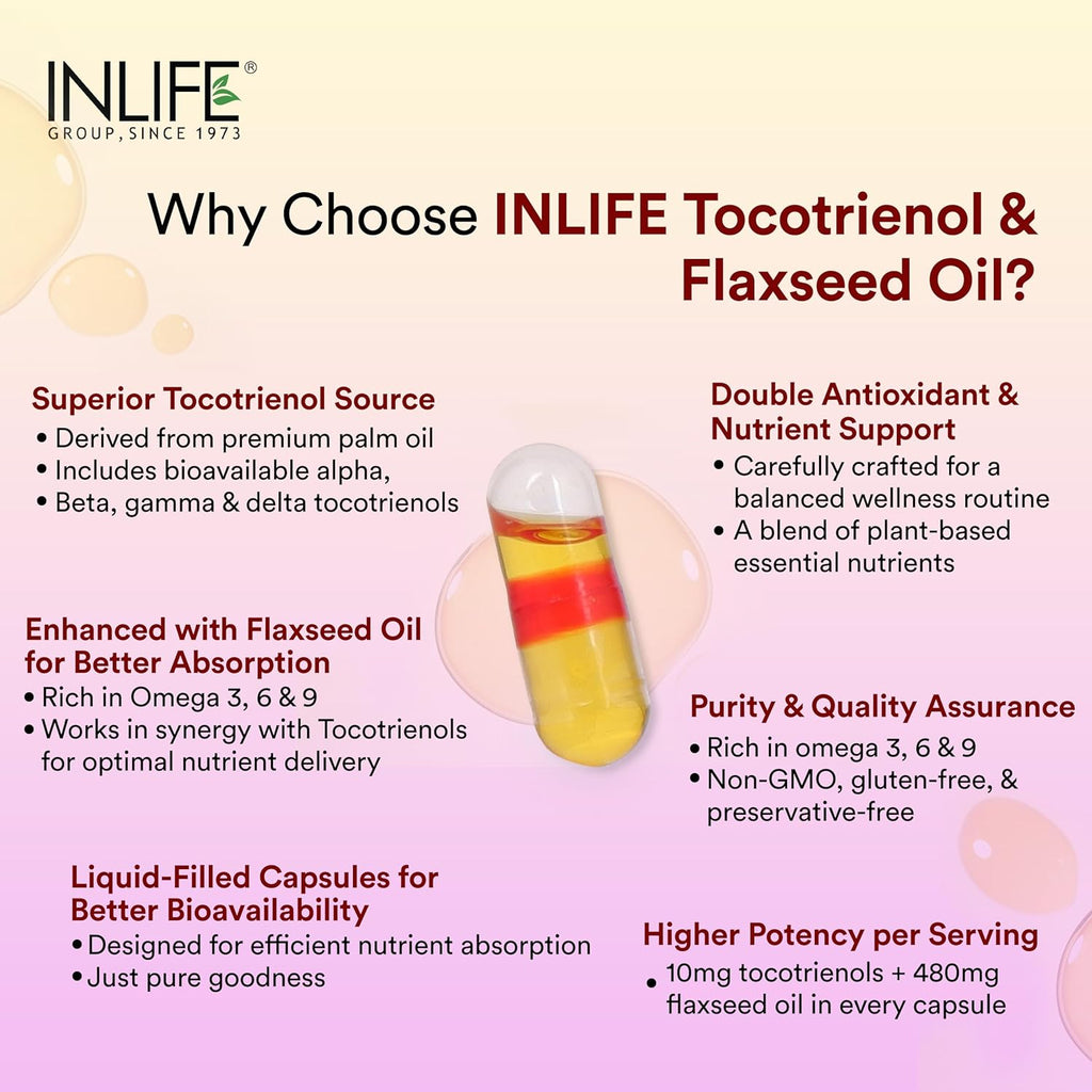 INLIFE Tocotrienol Oil 10mg (Gold Tri.E) & Flaxseed Oil 480mg Supplement | Extra Virgin Cold-Pressed Omega 3 6 9 | Supports Heart, Skin, Hair & Immune Health - 60 Vegetarian Capsules