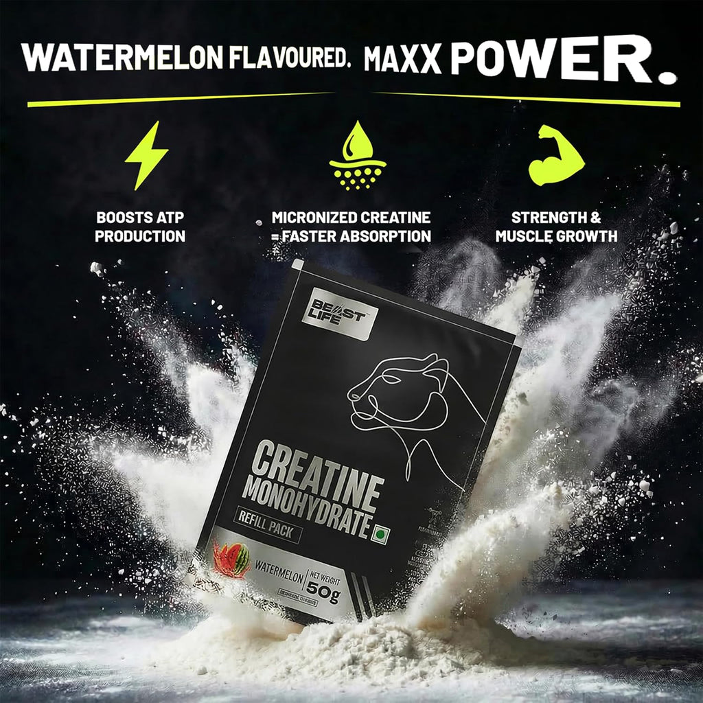 Beastlife Pure Super Micronised Creatine & Shaker Pack | 50 g | 13 Servings | Watermelon | NABL Lab Tested | Rapid Absorption for Muscle Strength & Athletic Performance | Super Micronised Creatine Powder