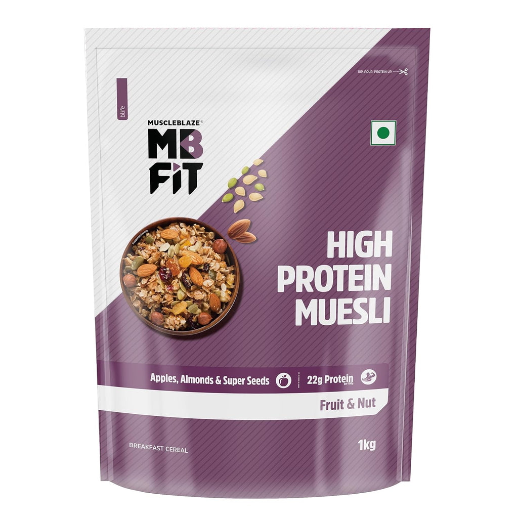 MuscleBlaze Fit High Protein Muesli, Fruit & Nut, 400g | 22g Protein | With Apple, Almonds & Super Seeds, High Protein Breakfast Cereals