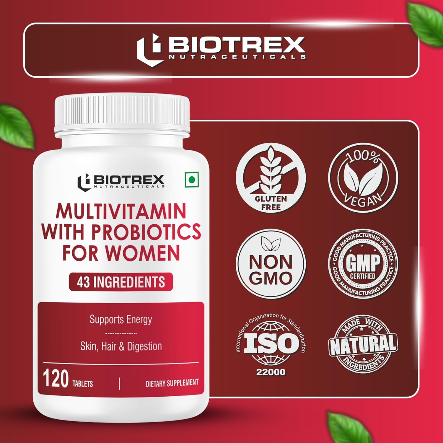Biotrex Nutraceuticals Multivitamin With Probiotics For Women | Combination of 43 Ingredients | Enhances Energy & Strong Immune Function | Antioxidant | Hair, Skin & Nails | Purity Tested - 120 Tablets