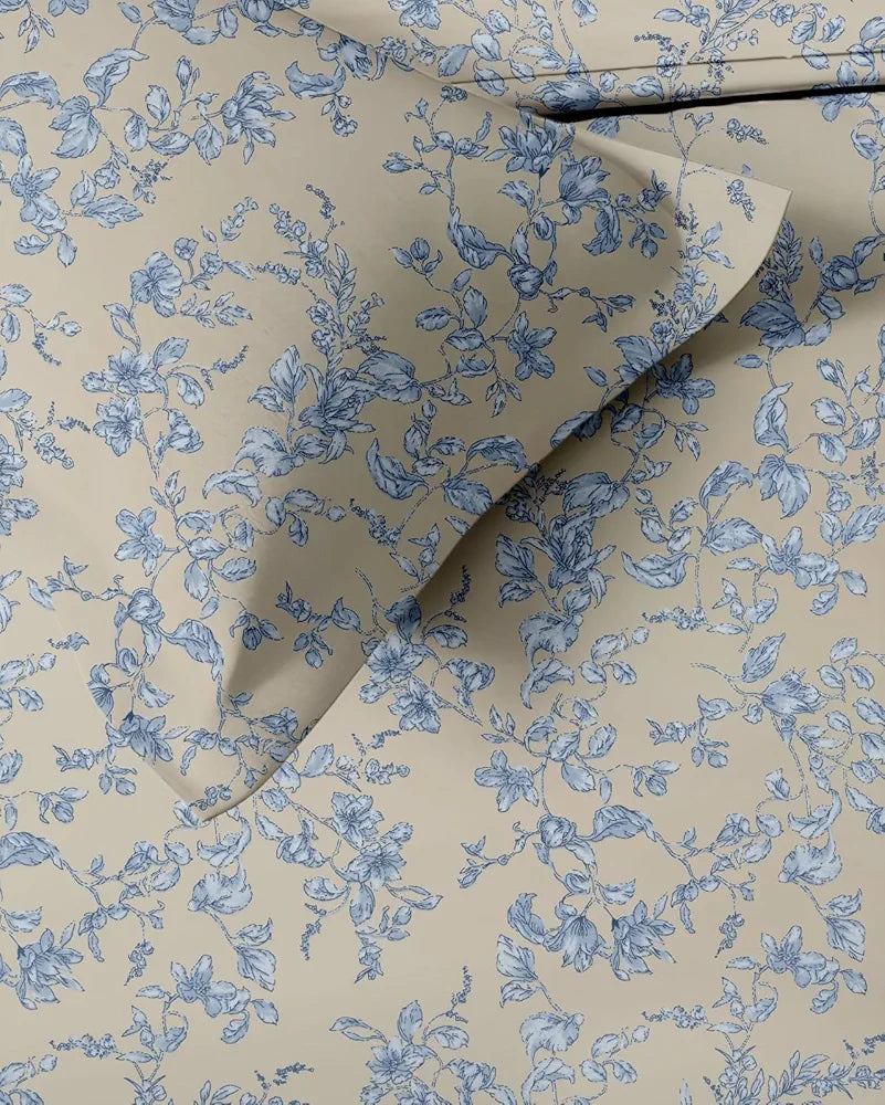 Trance Home Linen 100% Percale Cotton 210 TC Bedsheet Queen Size Printed Fitted Bedspread with 2 Pillow Covers Grape Colour Vine Blue