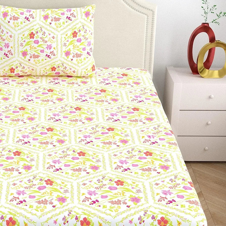Dreamscape Cotton Single Bedsheet with 1 Pillow Cover Blush Taffy