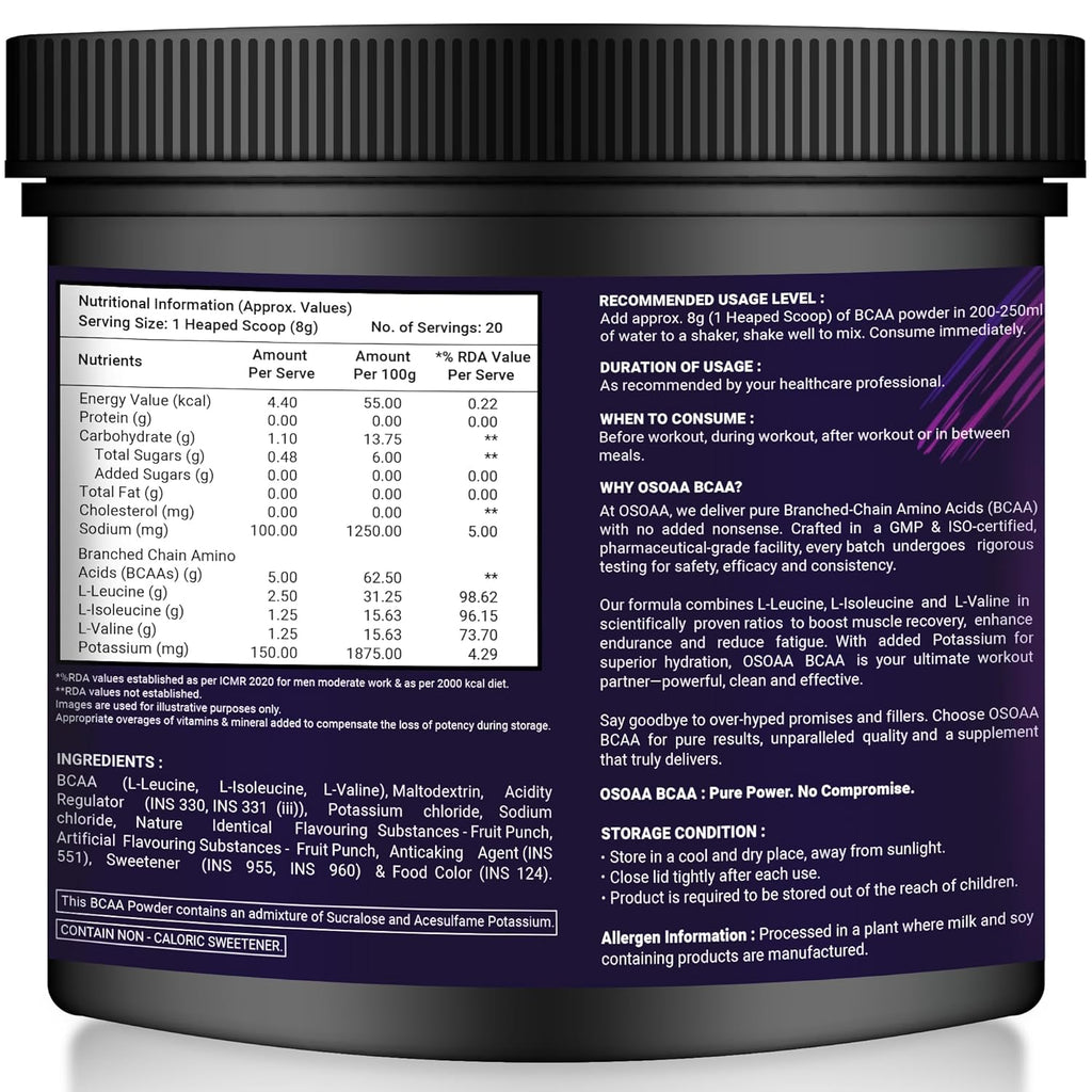 OSOAA BCAA Powder | Intra Workout Supplement | Muscle Recovery Drink with 5000mg BCAA | Amino Acid Supplements (20 Servings) | Fruit Punch