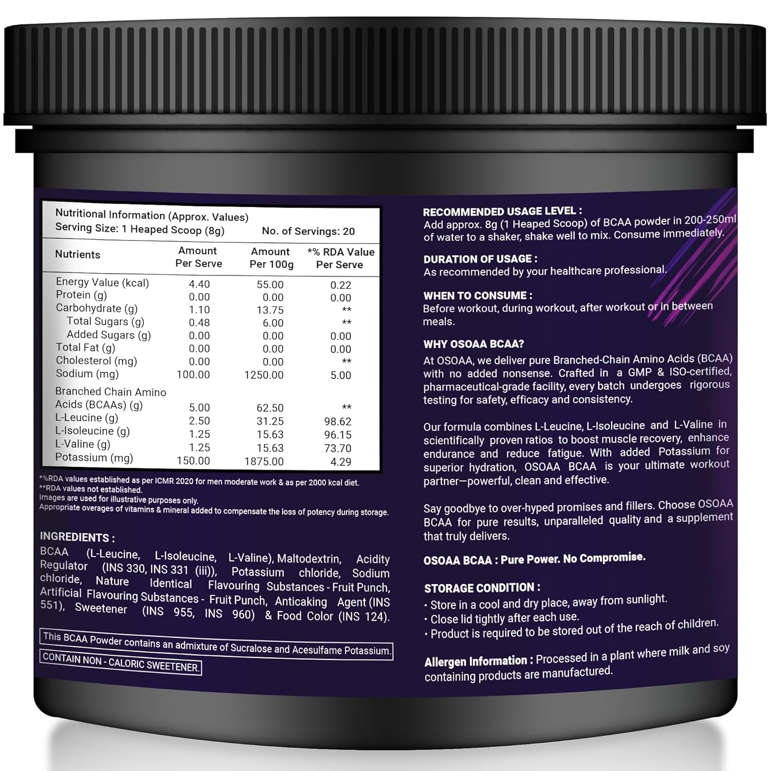OSOAA BCAA Powder | Intra Workout Supplement | Muscle Recovery Drink with 5000mg BCAA | Amino Acid Supplements (20 Servings) | Fruit Punch